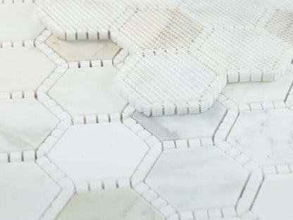 3-inch hexagon mosaic tile featuring a honed Calacatta Gold finish, ideal for stunning backsplashes and accent walls.