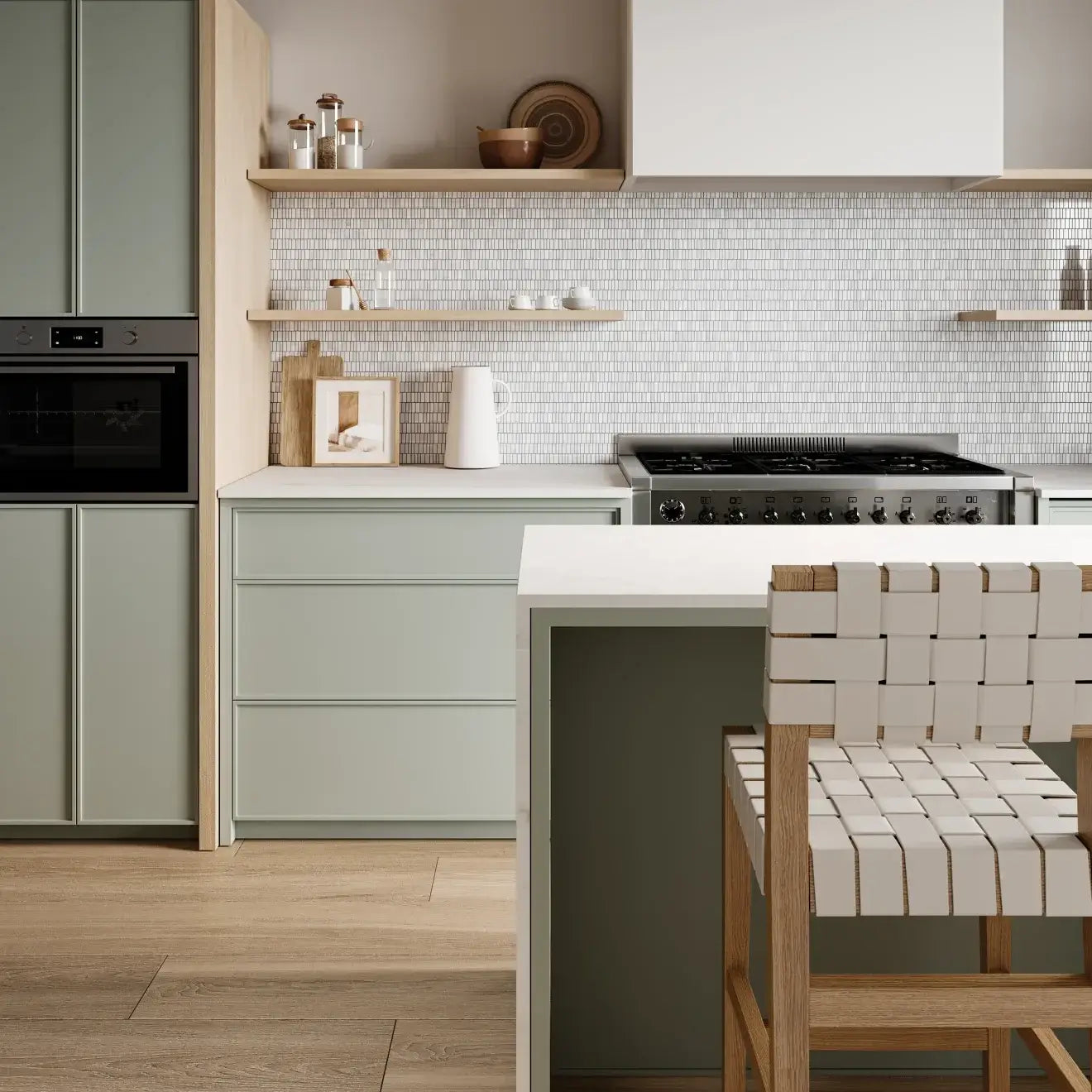 Modern kitchen featuring green cabinetry, white marble backsplash, and stylish wooden bar stools.