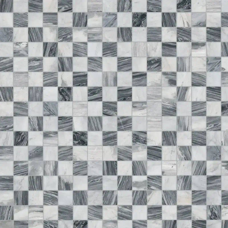 3x3 Bardiglio Gray Carrara Blend Polished Marble Mosaic tile showcasing a classic gray and white checkerboard pattern.