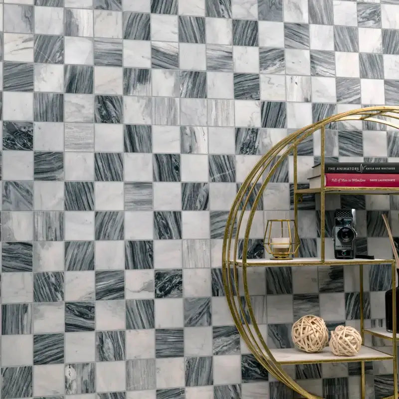 3x3 Bardiglio Gray Carrara Blend Polished Marble Mosaic wall design with gold shelf and decorative objects.