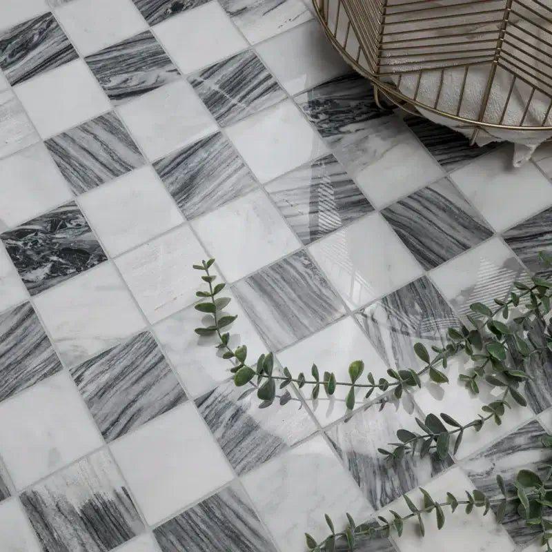 3x3 Bardiglio Gray Carrara Blend Polished Marble Mosaic tile design with elegant near-black and white patterns.