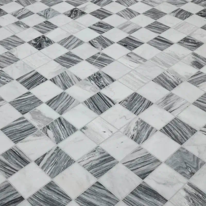 3x3 Bardiglio Gray and Carrara Blend Polished Marble Mosaic tile floor with a checkerboard pattern