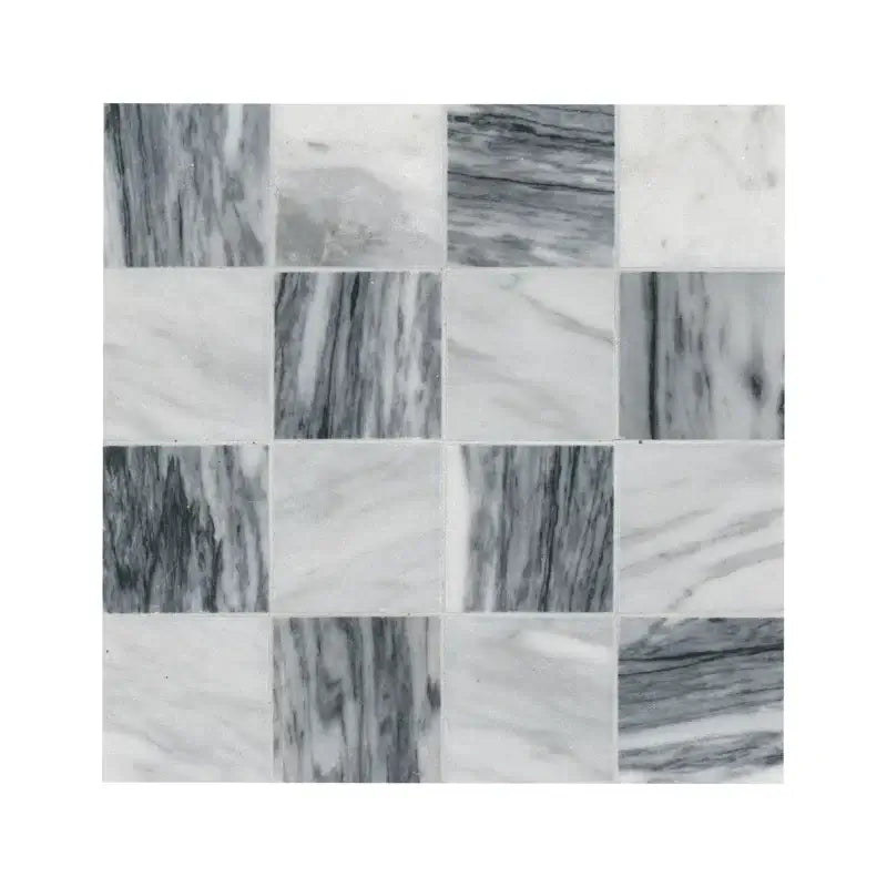 3x3 Bardiglio Gray Carrara Blend Polished Marble Mosaic tile featuring elegant contrasting colors, ideal for sophisticated interiors.