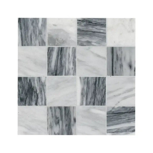 3x3 Bardiglio Gray Carrara Blend Polished Marble Mosaic tile featuring elegant contrasting colors, ideal for sophisticated interiors.