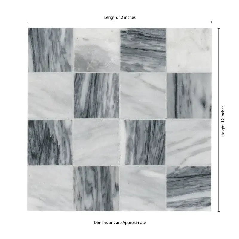3x3 Bardiglio Gray Carrara Blend Polished Marble Mosaic tile, 12x12 dimensions with elegant gray and white patterns.