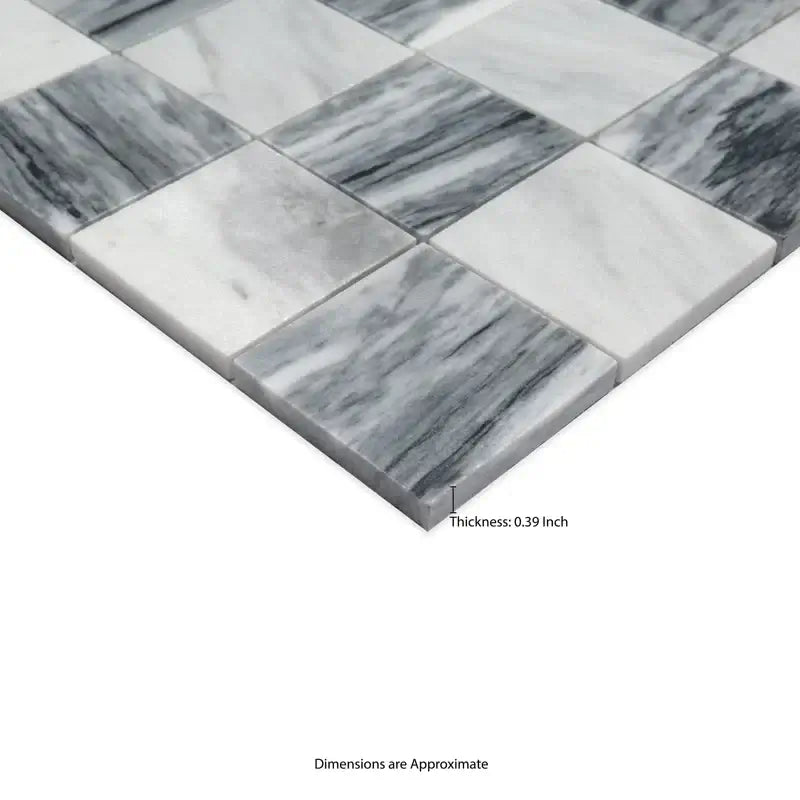 3x3 Bardiglio Gray Carrara Blend polished marble mosaic tile with approximate dimensions and thickness of 0.39 inch.