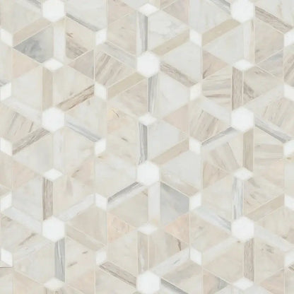 Angora Floralis polished marble mosaic tile featuring an intricate hexagonal pattern in soft neutral tones.