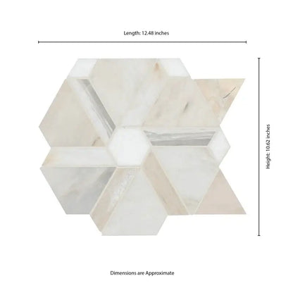 Angora Floralis polished marble mosaic tile dimensions 12.48" length and 10.62" height, showcasing unique floral design.