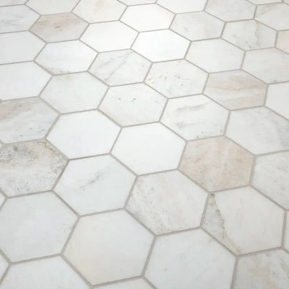 5" Arabescato Venato White Hexagon honed marble mosaic tile flooring for elegant interiors.