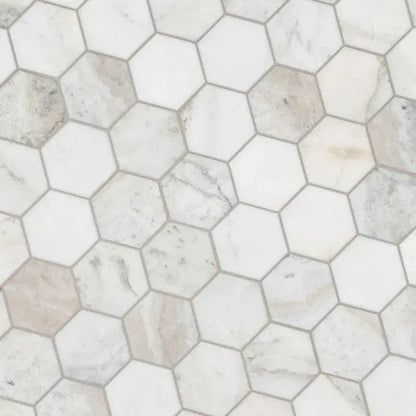 5" Arabescato Venato honed marble hexagon mosaic tile for elegant interior design projects.