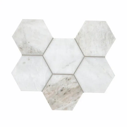 5" Arabescato Venato White Hexagon Marble Mosaic Tile, honed finish, modern design for elegant interiors.