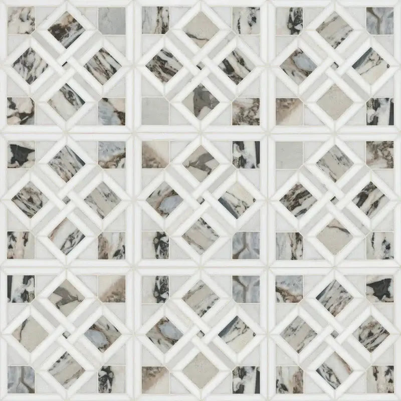 Tessere Pattern Viola 12" X 12" Polished Marble Mosaic Tile showcasing intricate designs and natural veining in elegant hues.