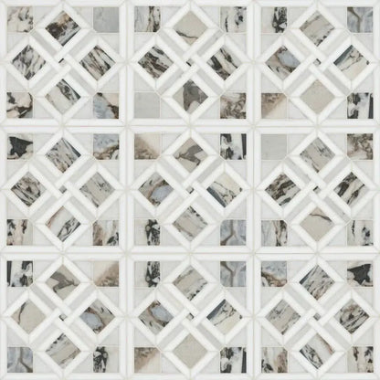 Tessere Pattern Viola 12" X 12" Polished Marble Mosaic Tile showcasing intricate designs and natural veining in elegant hues.
