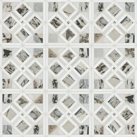 Tessere Pattern 12" X 12" polished marble mosaic tile featuring elegant veining and a sophisticated design.