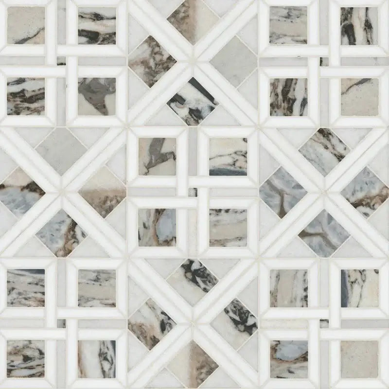 Tessere Pattern Viola 12" X 12" polished marble mosaic tile with distinctive geometric design, perfect for luxurious interiors.