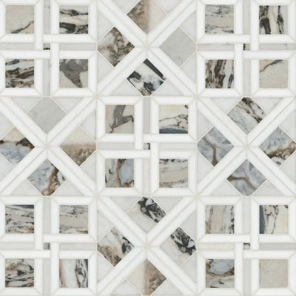 Tessere Pattern Viola 12" X 12" polished marble mosaic tile with distinctive geometric design, perfect for luxurious interiors.