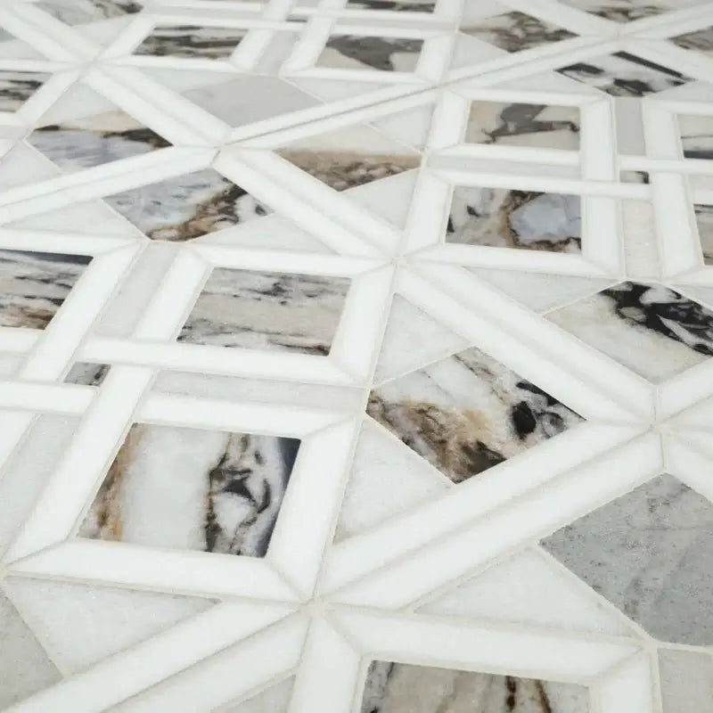Tessere Pattern 12" X 12" Polished Marble Mosaic Tile showcasing unique veining and sophisticated design.