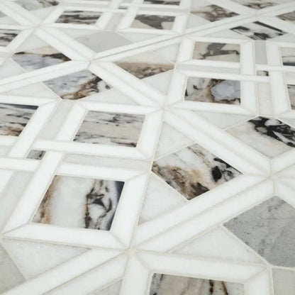 Tessere Pattern 12" X 12" Polished Marble Mosaic Tile showcasing unique veining and sophisticated design.