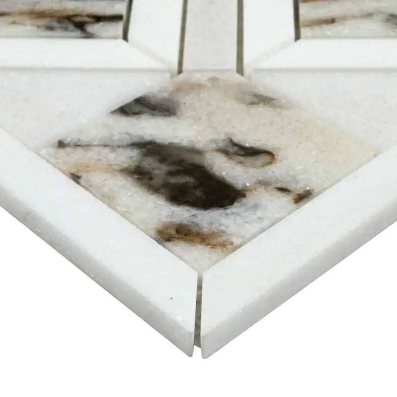 Close-up of Tessere Pattern 12" X 12" polished marble mosaic tile showcasing unique veining and elegant design.