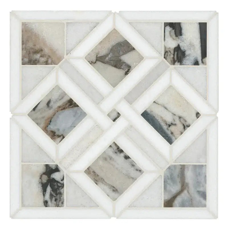 Tessere Pattern 12" X 12" Polished Marble Mosaic Tile showcasing unique veining and elegant design for luxurious interiors.