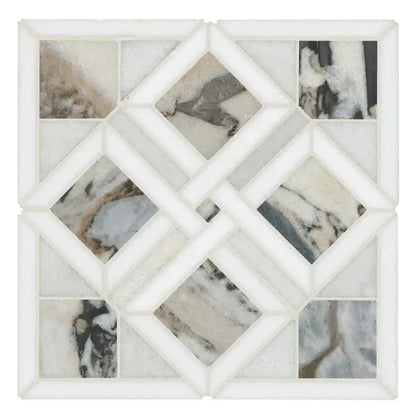 Tessere Pattern 12" X 12" Polished Marble Mosaic Tile showcasing unique veining and elegant design for luxurious interiors.