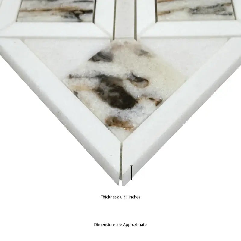 Tessere Pattern 12" X 12" polished marble mosaic tile corner detail showing thickness of 0.31 inches.