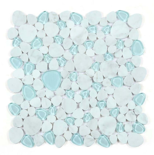 Peach Carrara Blue 12x12 tile showcasing white marble with vibrant blue glass pieces for elegant interior design.