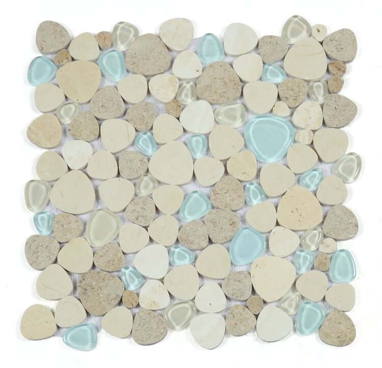 Peach Blue Roma 12x12 mosaic tile featuring a blend of warm peach and cool blue tones in a natural stone design.