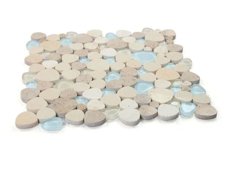 Peach Blue Roma 12x12 mosaic tile featuring a blend of natural stone and glass in warm peach and cool blue tones.