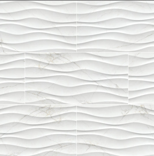 Dymo Calacatta Wavy White Glossy Ceramic 3D Patterned Tile 12x24 Wall Only