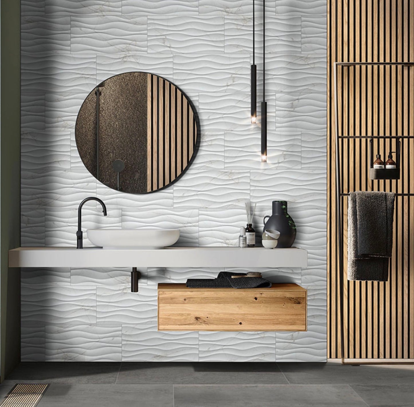 Dymo Calacatta Wavy White Glossy Ceramic 3D Patterned Tile 12x24 Wall Only