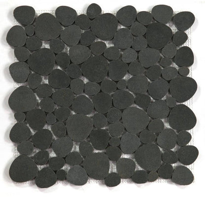 Aphrodite Basalt mosaic tile featuring a unique pebble design in grey and black hues, perfect for various decor styles.