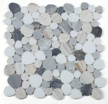 Aphrodite Beach 12x12 mosaic tile featuring polished Palissandro White and Blue marble pieces.