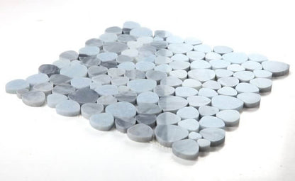 Aphrodite Cliff 12x12 Bardiglio gray and blue marble mosaic tile featuring heart-shaped polished pieces.