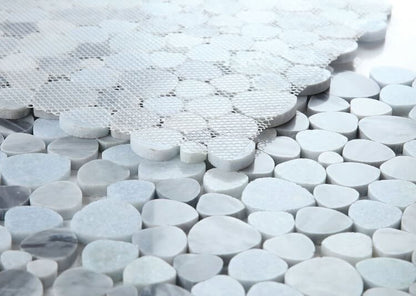 Aphrodite Cliff 12x12 Bardiglio Gray and Blue Marble mosaic tiles featuring heart-shaped pieces.