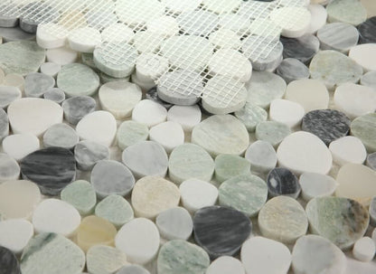 Aphrodite Grassland mosaics featuring assorted white and green stones, showcasing natural beauty and craftsmanship.