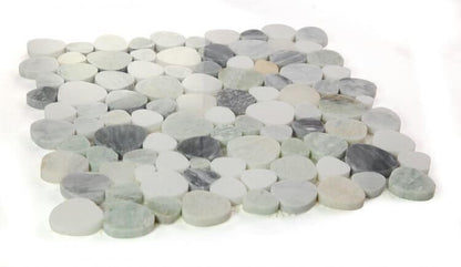 Aphrodite Grassland 12x12 mosaic tile featuring polished White Thassos, White Onyx, Green Onyx, and Bardiglio Grey marble.
