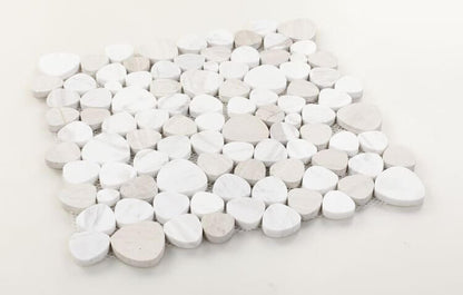 Aphrodite Loft 12x12 marble mosaics featuring heart-shaped white and beige tiles, perfect for luxurious interior decor.