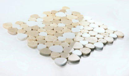 Aphrodite Marfil 12x12 mosaic tile with polished heart-shaped white and beige marble pieces for elegant decor.