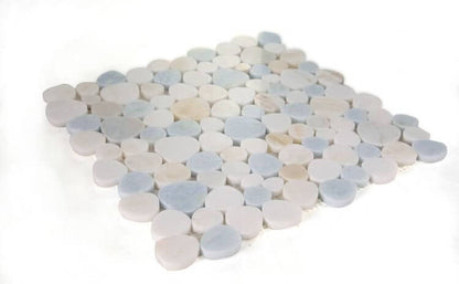 Aphrodite Marina 12 x 12 marble mosaic tile featuring heart-shaped pieces in white and blue tones.
