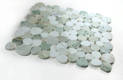 Aphrodite Spring 12x12 pebble-shaped marble mosaic with green and white hues, made from Onyx and White marble.