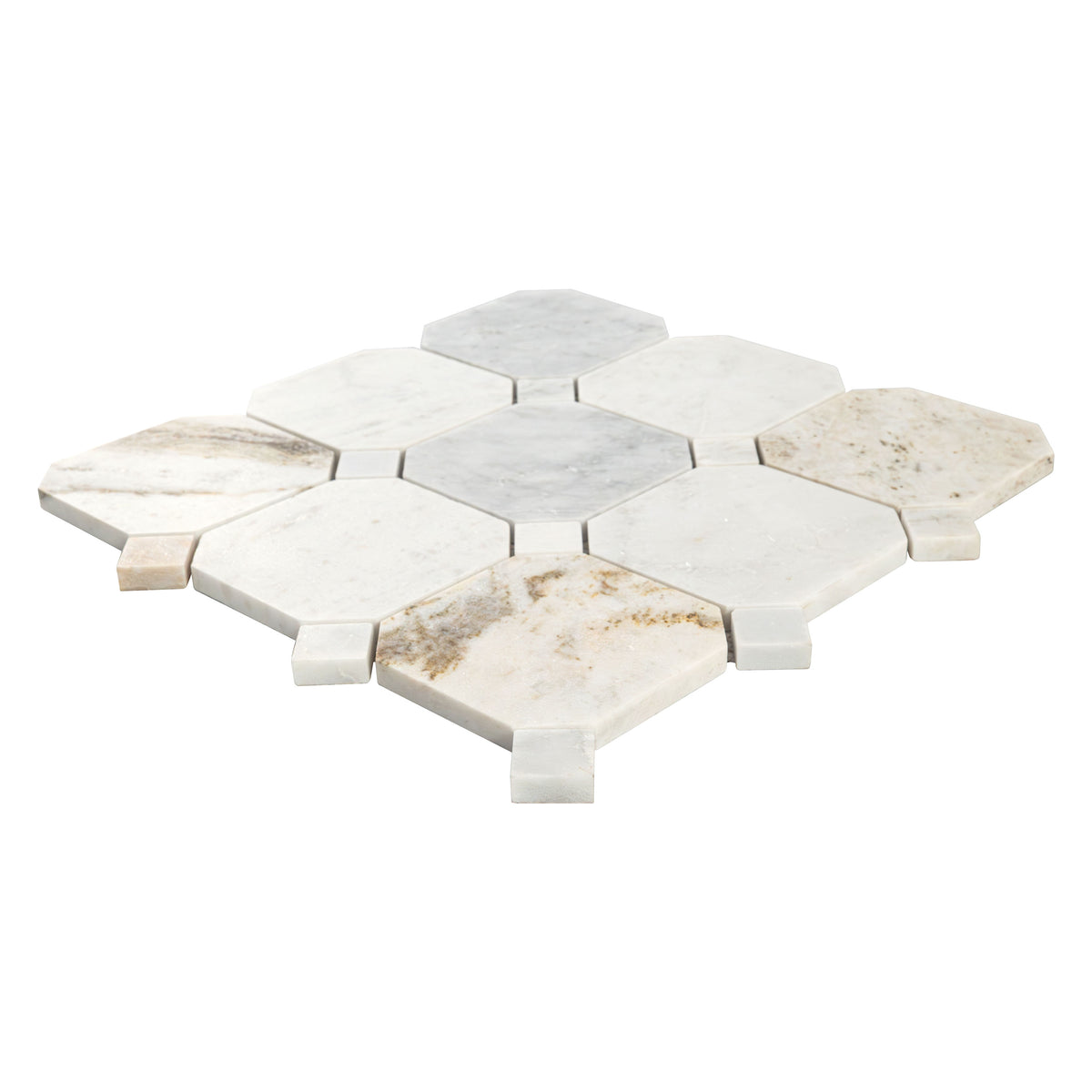 Arabescato Venato octagon honed mosaic sheet edge view