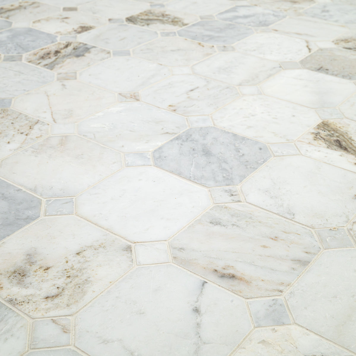 Arabescato Venato octagon honed mosaic angled view