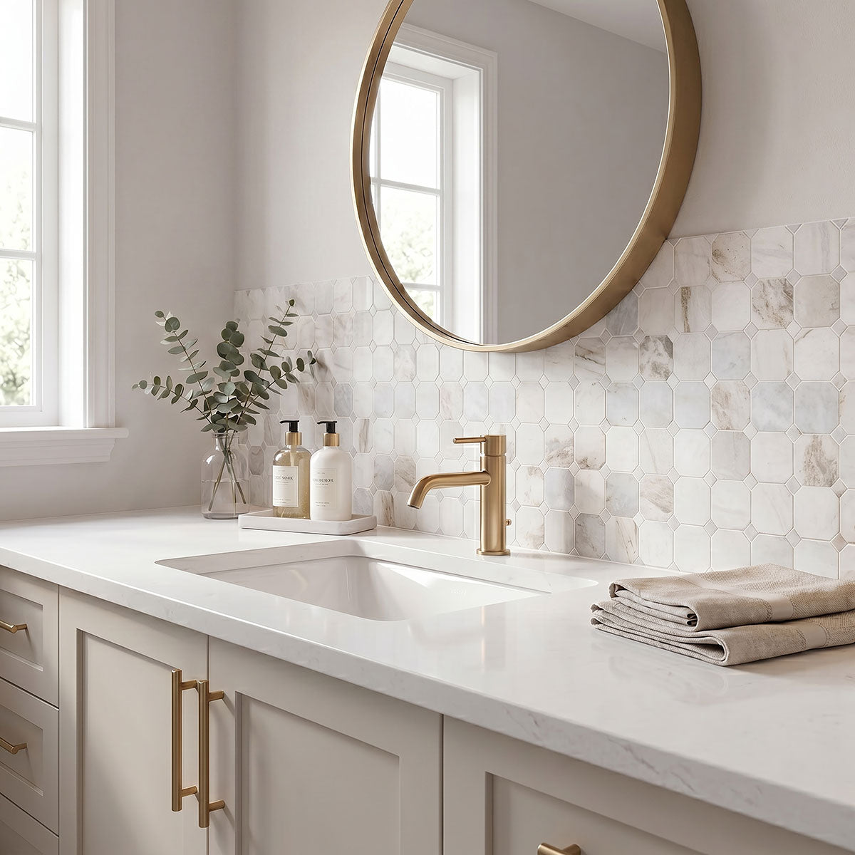 Arabescato Venato octagon honed marble mosaic bathroom installation