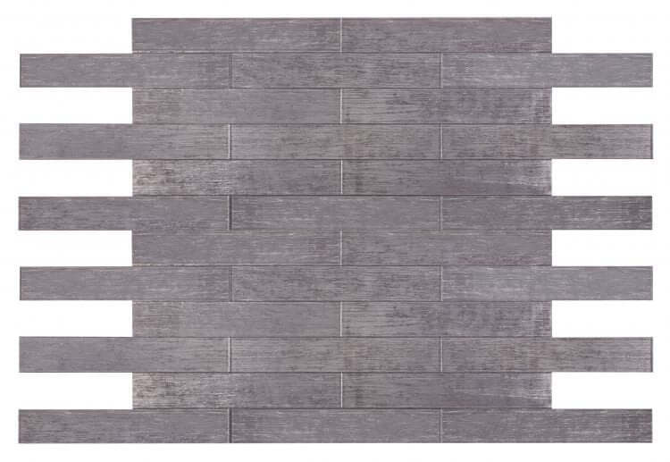 Aura Purple Rain large glass tile in artistic purple design, 4x24 inches, suitable for mosaics but not for fireplaces.