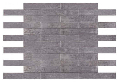 Aura Purple Rain large glass tile in artistic purple design, 4x24 inches, suitable for mosaics but not for fireplaces.