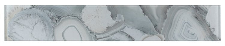 Aura Shell Grey 4x24 glass tile, featuring elegant agate design in grey tones, suitable for indoor installations.