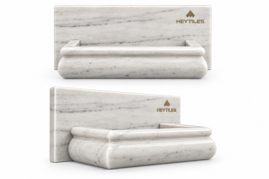 AI-generated Bianco Dolomite soap holder design concept with HeyTiles brass logo