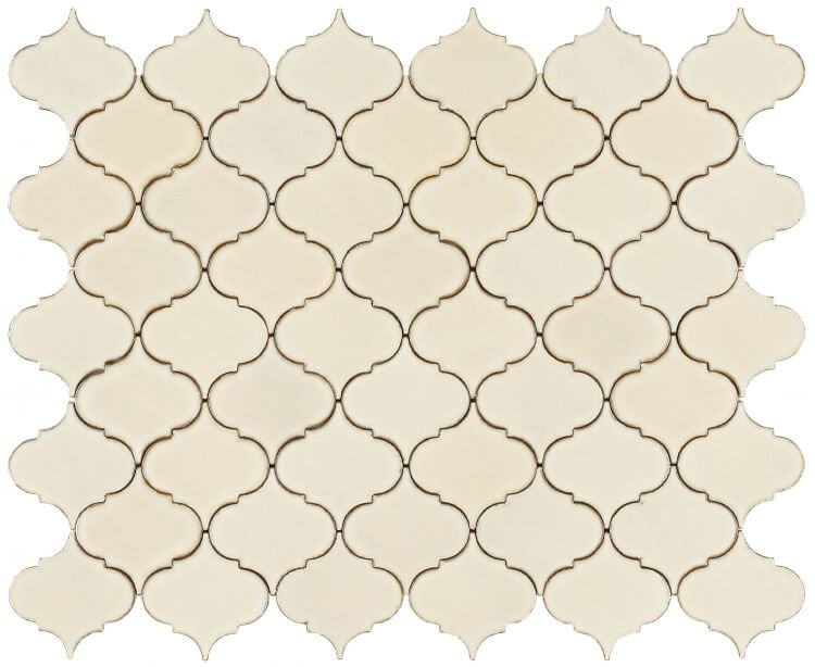 Calabash Ivory 6x6 handmade porcelain mosaics in arabesque shape, beige color, pool-rated, ideal for swimming pool décor.