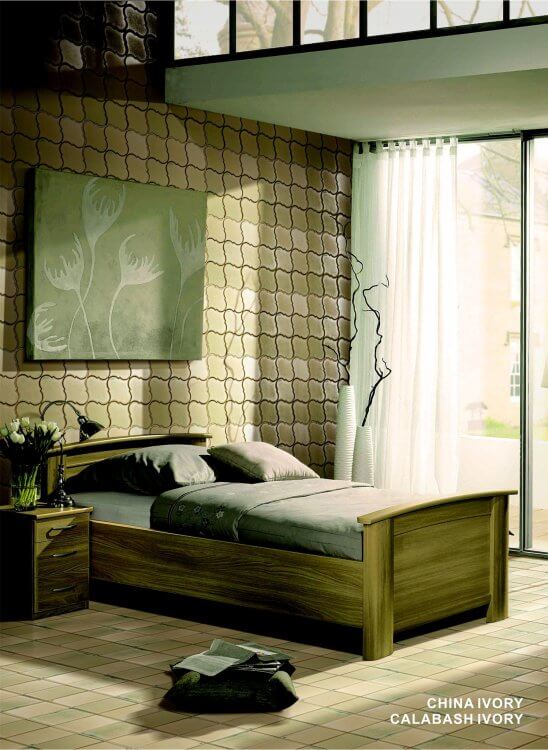 Modern bedroom featuring Calabash Ivory 6x6 porcelain tiles in an arabesque pattern with wooden furniture.